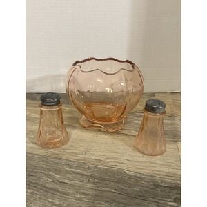 Vintage Pink Depression Glass Salt and Pepper Shakers and Bowl Set 1920-1940